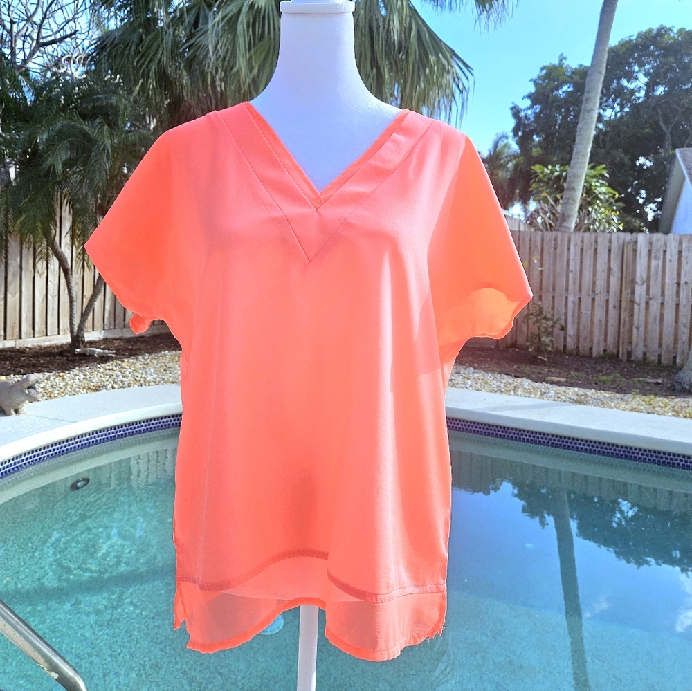 NEW DKNY Coral Pink V-Neck Lightweight Chiffon Blouse Size S Sheer Casual Office - Picture 3 of 10